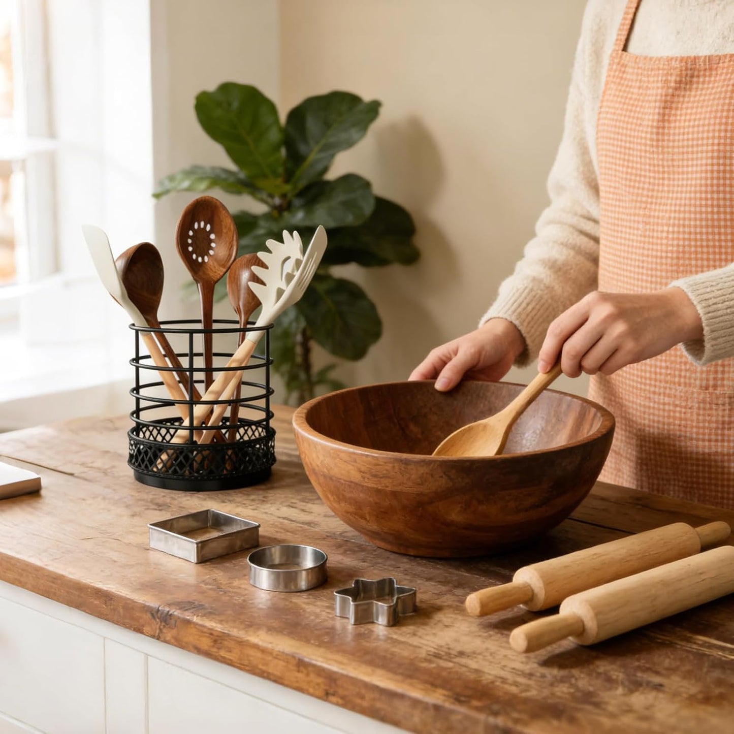 Kitchen Utensils Holder with 5 Compartments, Corner Utensil Caddy for Countertop, Black Large Wooden Utensil Organizer for Kitchen Countertop for Silverware Spoon Spatula