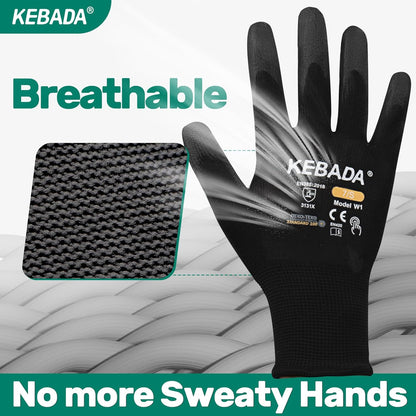 Kebada W1 Work Gloves for Men and Women, PU Coated Safety Gloves with Grip, Touchscreen, Ideal for Warehouse Package Handling, Construction, Gardening, 12 Pairs Gray Large