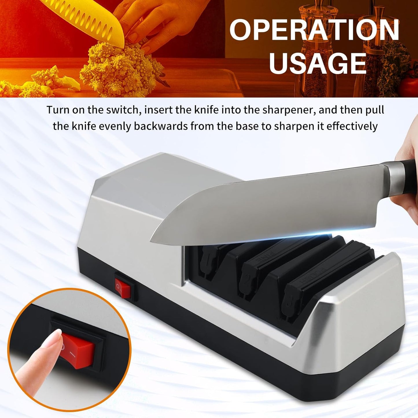 Electric Knife Sharpener with 3-step Sharpening System and Diamond Abrasives, Suitable for Most Metal and Ceramic Knives. The Knife Sharpener comes with the Angle Guide Function (ETJ004COMB)