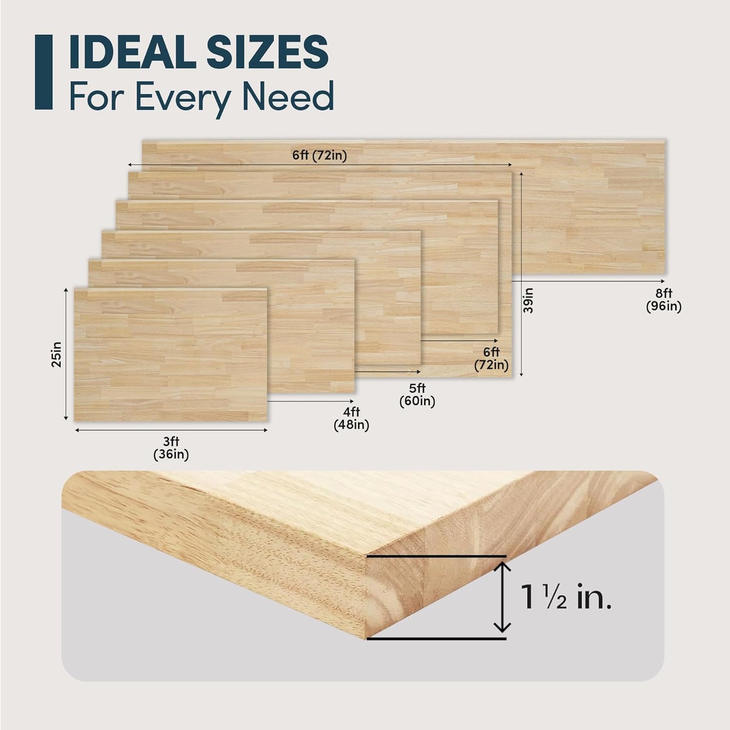 36''L x 25''W x 1.5''Th Hevea Solid Wood Butcher Block Countertop, Butcher Block Table Top for DIY Washer Dryer/Island/Kitchen Countertop (Unfinished)