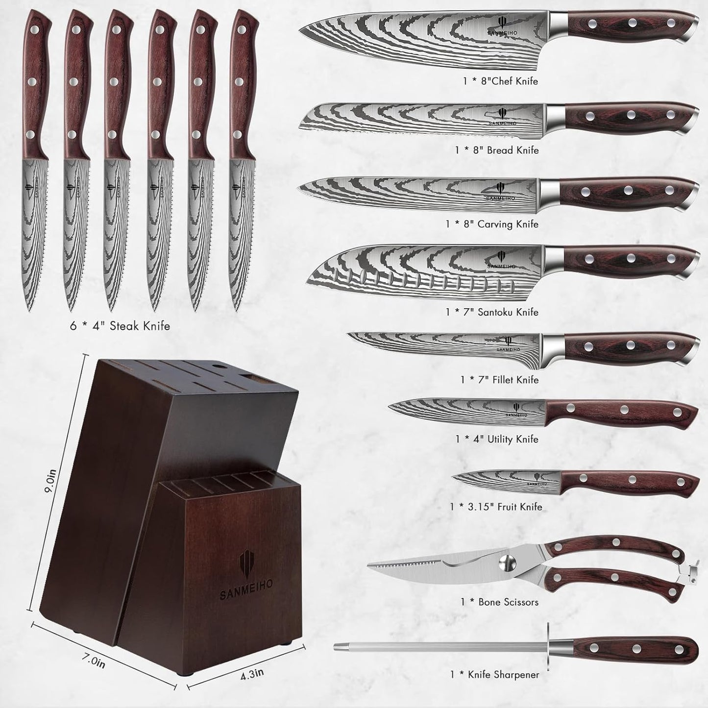 Knife Set 16 pcs, Japanese Kitchen Knife with Block High Carbon Stainless Steel Ultra Sharp Knife for Kitchen, Professional Chef Knife Set with Sharpener
