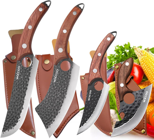 4PCS Hand Forged Kitchen Knife Set with Sheaths, High Carbon Steel Viking Butcher Knife Set, Serbian Chef Cleaver, Heavy Duty Boning Knife & Slicing Knife for Outdoor BBQ, Camping, Hunting