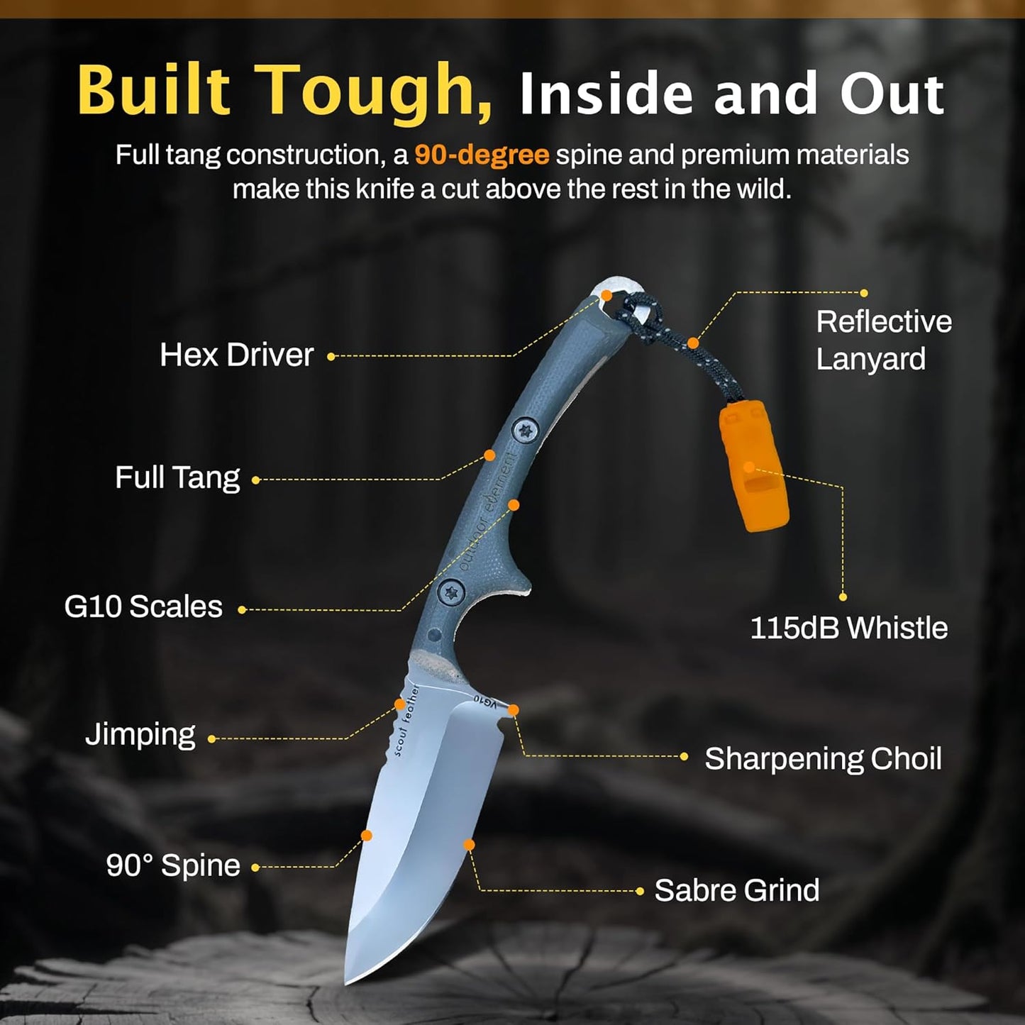 Scout Feather Glow - Fixed Blade Survival Knife with built-in Firestarter for Camping, Hunting, Outdoor Adventure and Culinary Need - VG10 Blade, Whistle, Knife Sharpener, Compact Sheath & G10 Handle