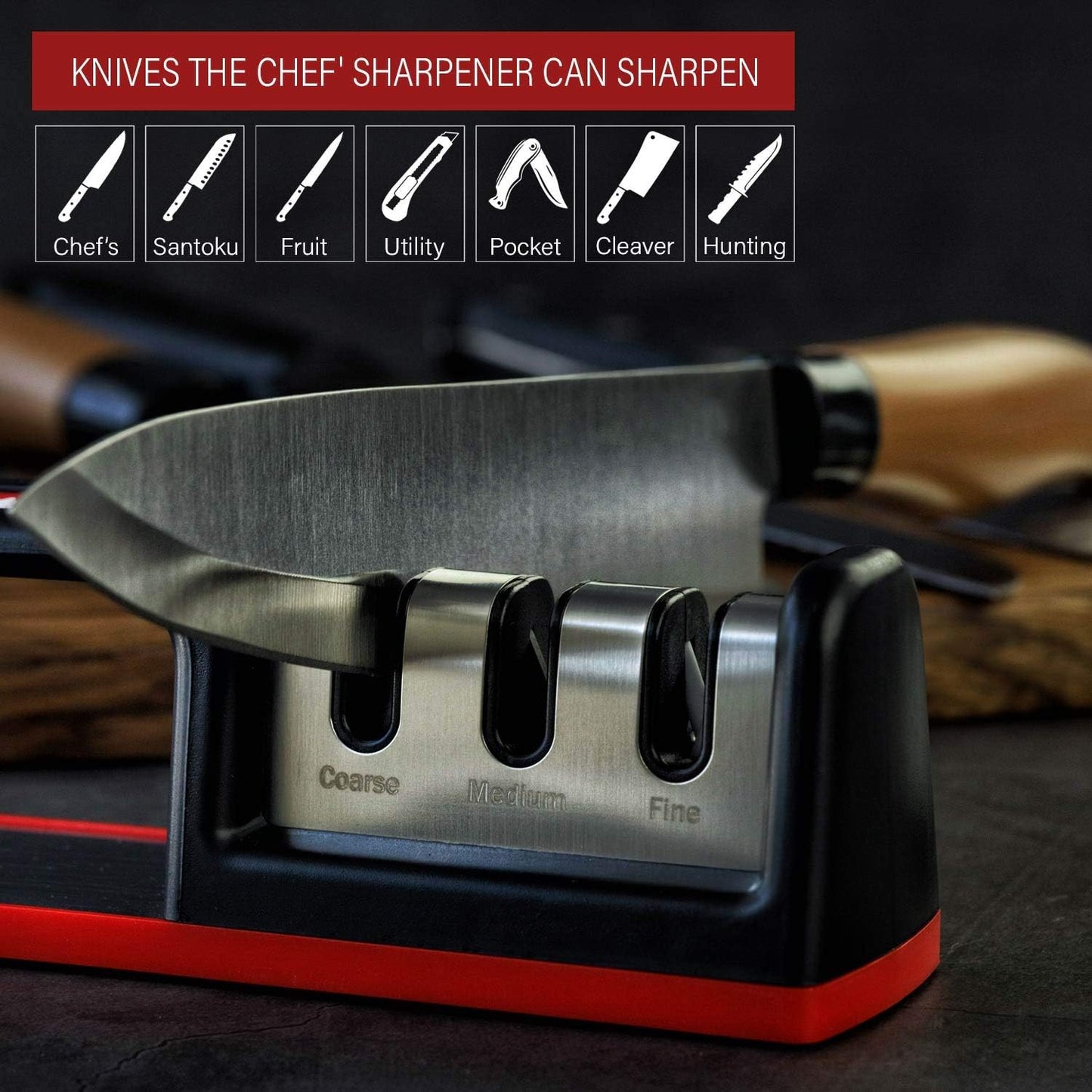 Kitchen Knife Sharpener - Complete 3-stage Knife Sharpener CS-T01 with Diamond Dust Rods, Sturdy Design, Non-slip Base Pat, Easy and Safe to Use, Fast and Effective Manual Sharpening Tool