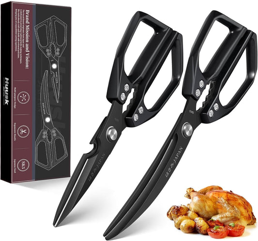 HUUSK Kitchen Scissors Set Black - Stainless Steel Kitchen Shears, Sharp Meat Scissors Dishwasher Safe, Heavy Duty Poultry Shears All Purpose, Japanese Cooking Scissor for Food,Christmas Gifts for Men