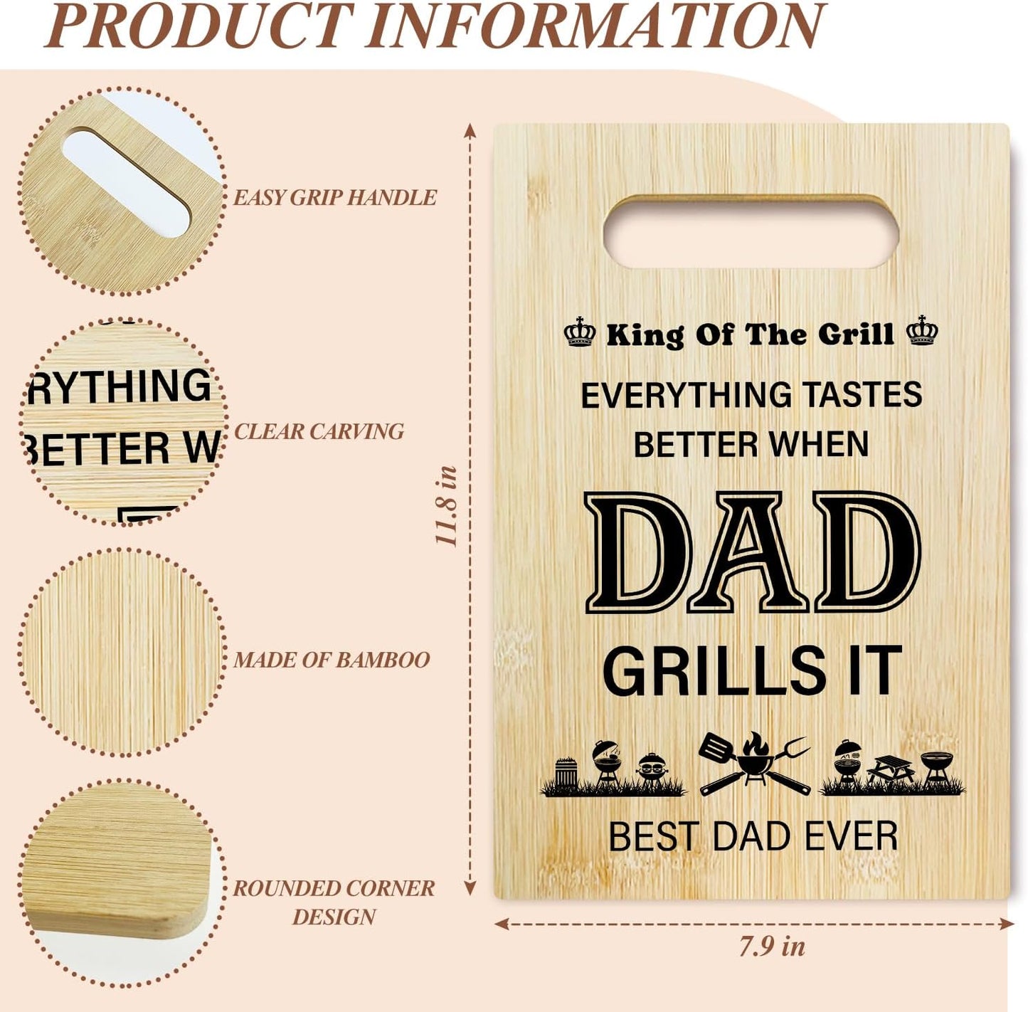 Best Dad Ever Bamboo Cutting Board, Grilling Gift For Men, Funny Charcuterie Boards for Home Kitchen Decor, Father's Day Birthday Gifts for Dad from Daughter Son -047