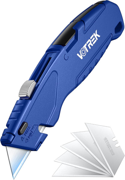 VOTREK® Box Cutter Retractable| Metal Utility Knife Set【Built-In Storage】 Tool-Free Quick Blade Change| Safety Lock| Extra 10 Sharp SK5 Blades| 2-Pack Heavy Duty Razor Knife for Cardboard & Plastic