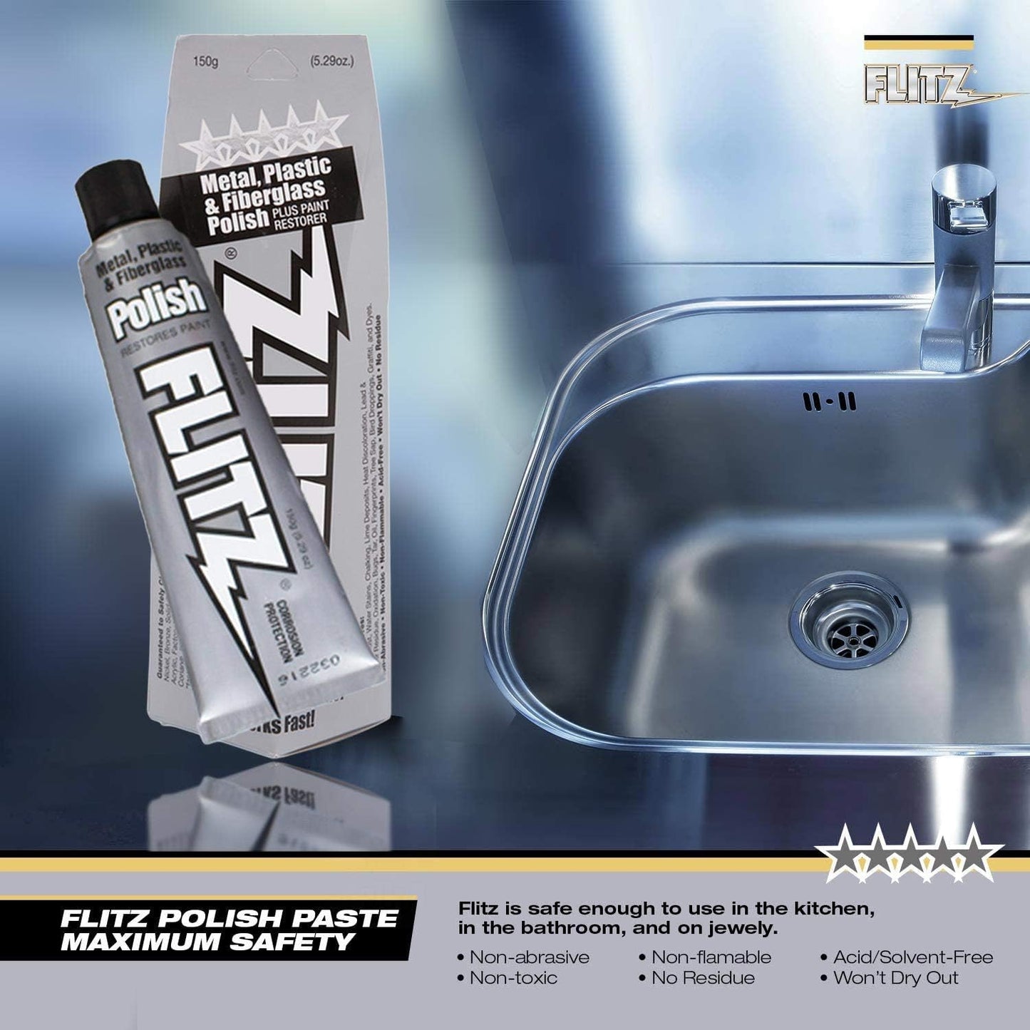 Flitz Metal Polish Paste - 5.29oz USA-Made Polish for Solid Chrome, Stainless Steel, & Aluminum - Non-Abrasive for Light Oxidation - Requires Manual Buffing - Not for Plated/Coated Surfaces (1 Pack)