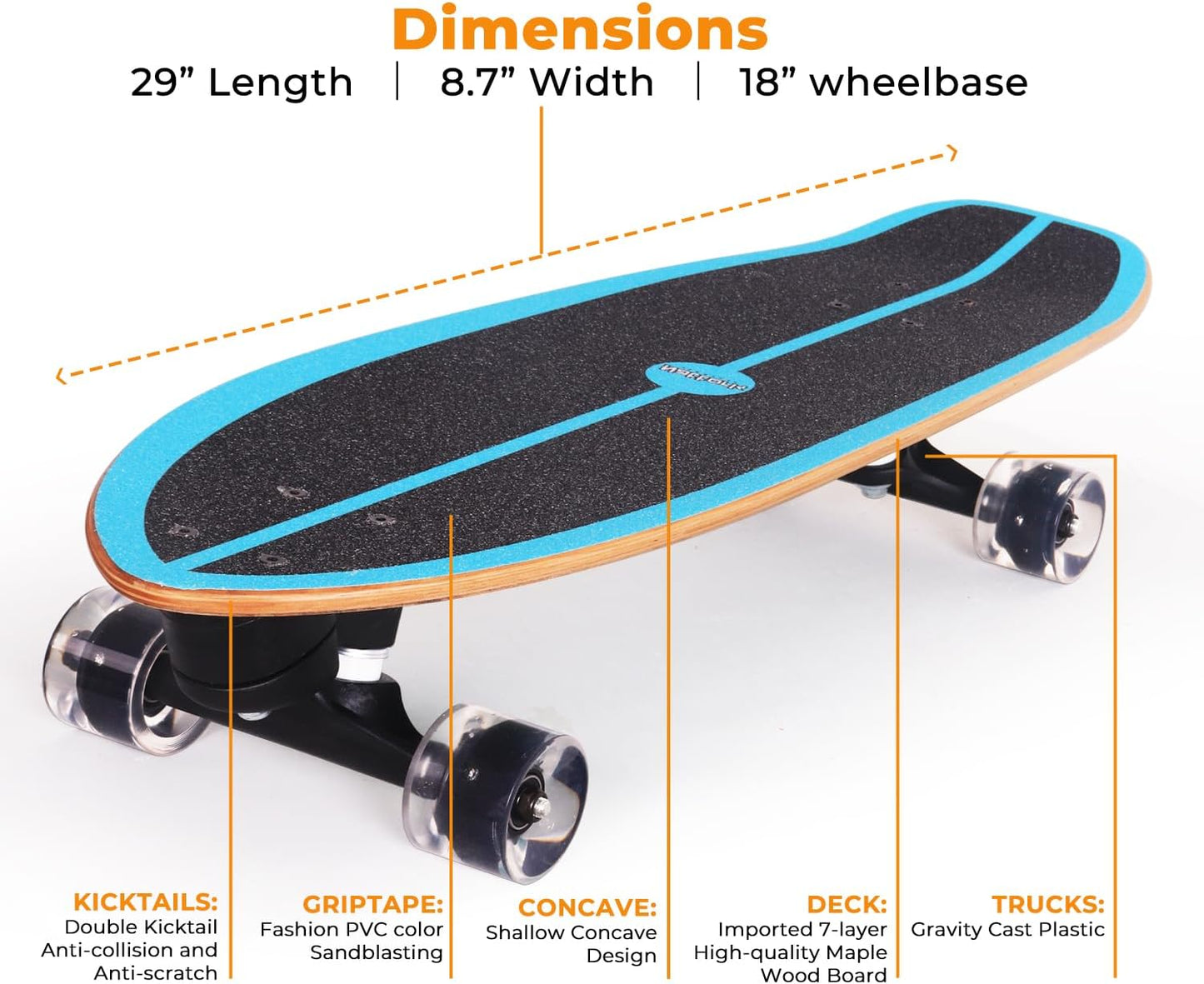 Nattork Complete Kid Skateboards 29" x 9" Youth Cruiser Skateboard for Beginners Double Kick Deck Concave Girls or Boys Skateboard
