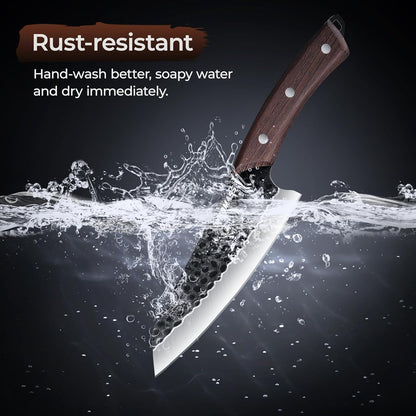 Butcher Knife Meat Cleaver Knife, Hand Forged Japanese Knife Set of 3, High Carbon Kitchen Knife & Serbian Chef Knife & Boning Knife for Meat Cutting, Outdoor Cooking BBQ Camping Gift for Men