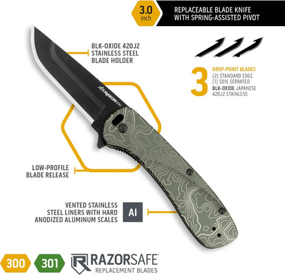 OUTDOOR EDGE RAZOR VX1 | Replaceable Blade EDC Folding Pocket Knife | 3" Stainless Blade, Gray Anodized Aluminum Handle, Reversible Pocket Clip | Outdoor, Camping, Survival, Utility