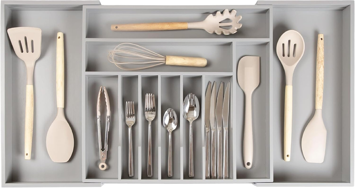 KitchenEdge Premium Silverware, Flatware and Utensil Organizer for Kitchen Drawers, Food-Safe Contract Grade, Expandable from 18 to 33 In, Natural Bamboo
