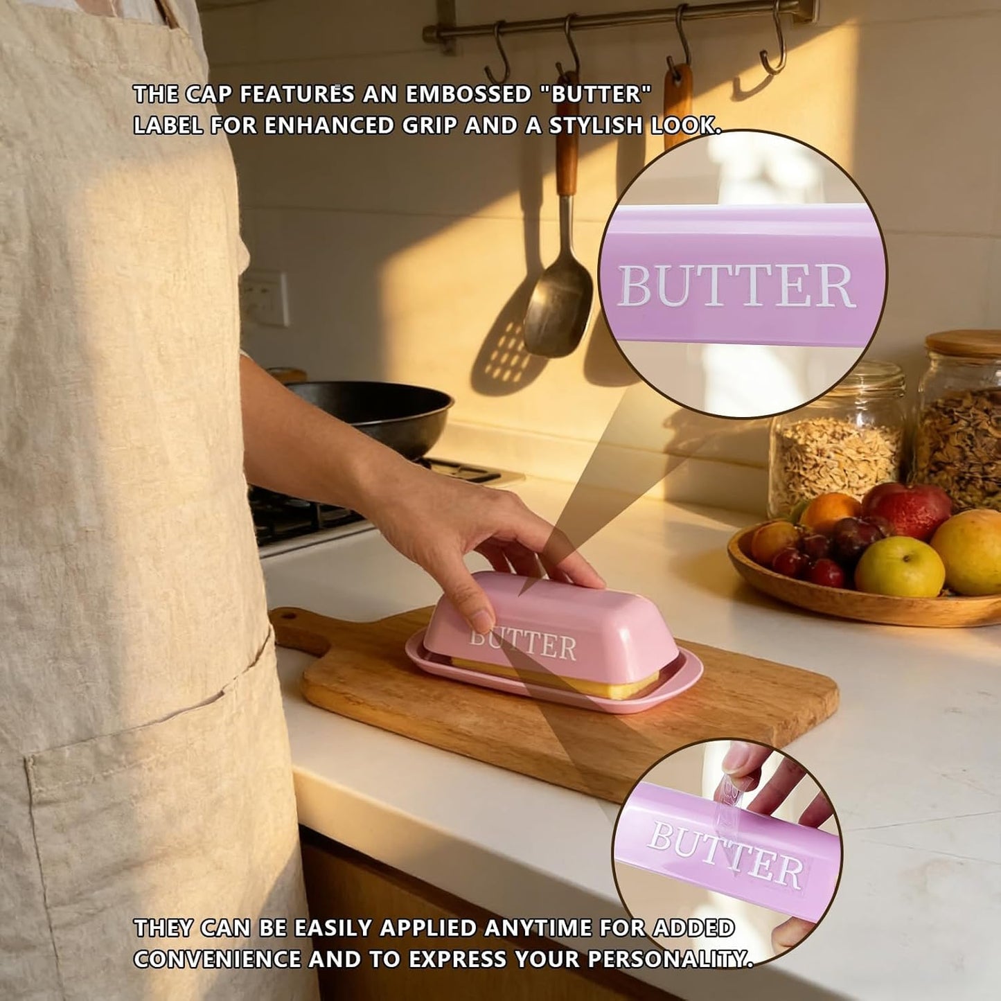BPA-Free Melamine Butter Dish with Lid & Stainless Steel Knife - Farmhouse Butter Keeper for Countertop & Refrigerator, Dishwasher Safe, Holds 1 Stick with East & West Coast Butter-Cream