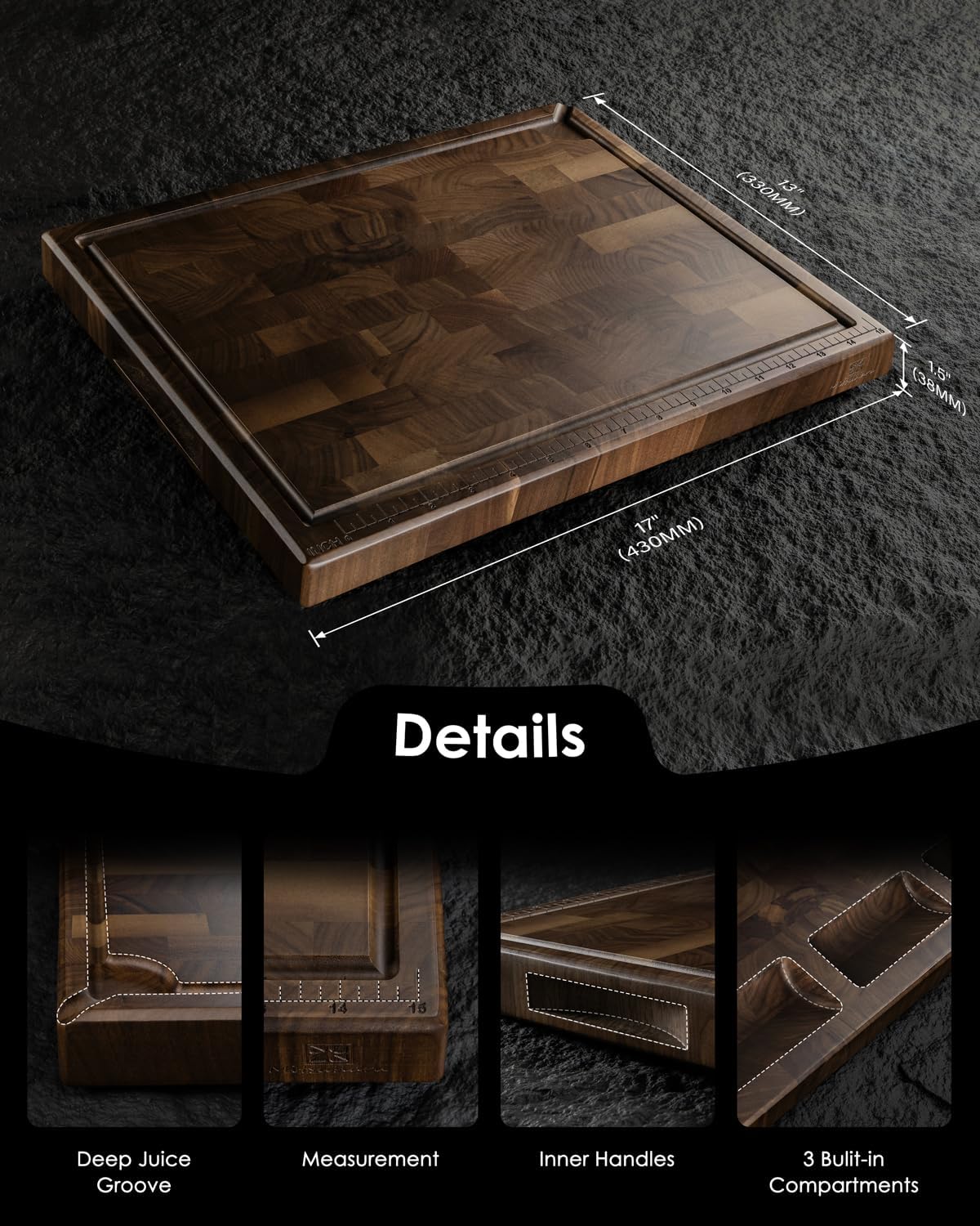 Mitsuharu End Grain Cutting Board, Reversible Large Thick Black Walnut Wood Charcuterie Board Butcher Block 17"x13"x1.5" for Kitchen Use, with Measurements, Juice Groove, Handles, Sorting Compartments