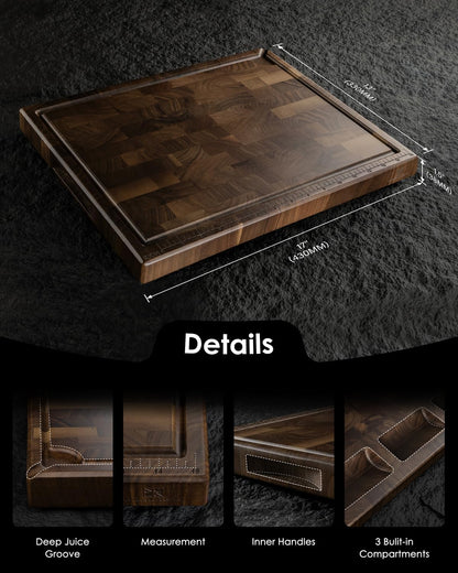 Mitsuharu End Grain Cutting Board, Reversible Large Thick Black Walnut Wood Charcuterie Board Butcher Block 17"x13"x1.5" for Kitchen Use, with Measurements, Juice Groove, Handles, Sorting Compartments