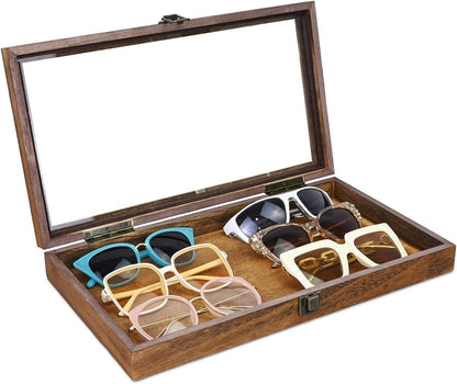 MOOCA 2 Pcs Wood Tempered Glass Top Jewelry Display Case Accessories Storage Box with Metal Clasp, Wooden Jewelry Tray for Collectibles, Pocket Knife Display Case, Brown Color