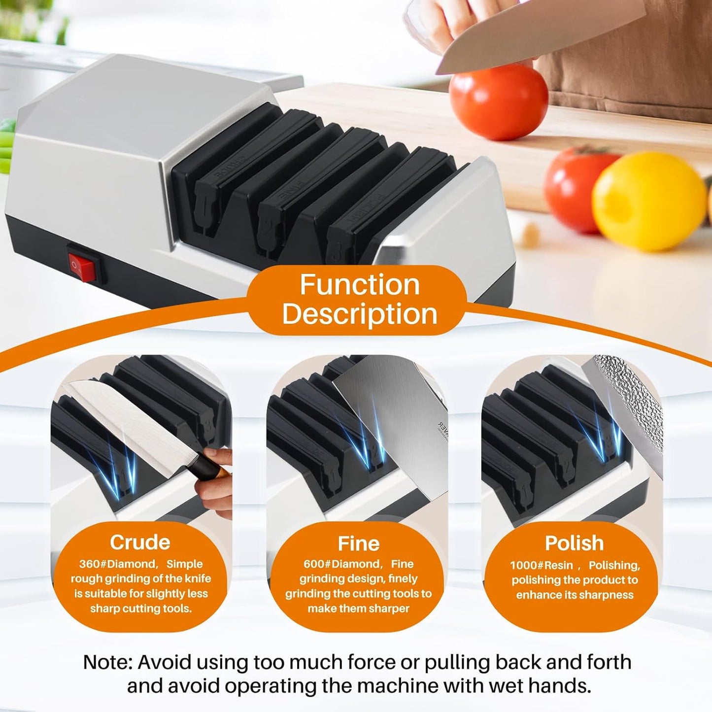 Electric Knife Sharpener with 3-step Sharpening System and Diamond Abrasives, Suitable for Most Metal and Ceramic Knives. The Knife Sharpener comes with the Angle Guide Function (ETJ004COMB)