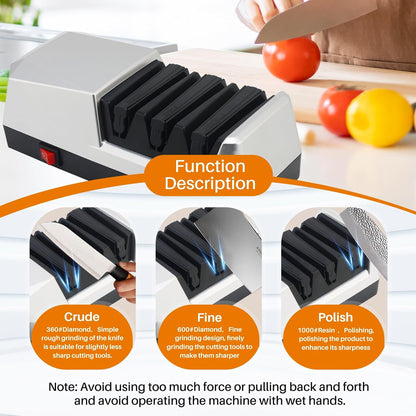 Electric Knife Sharpener with 3-step Sharpening System and Diamond Abrasives, Suitable for Most Metal and Ceramic Knives. The Knife Sharpener comes with the Angle Guide Function (ETJ004COMB)