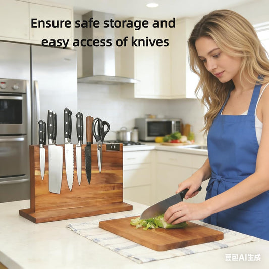 kitchen knife magnetic holder, Double Sided Universal magnetic knife block Rack for Kitchen Counter, Acacia Wood Magnetic Knife Storage Stand with Knife Sharpener,14.5 x 10.8Inches