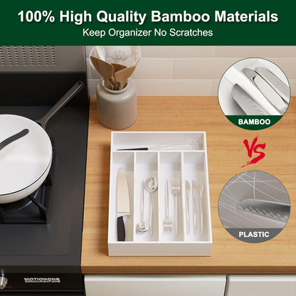 Bellsal Natural Utensil Organizer 12.5 Inch Silverware Organizer for Drawer Utensil Holder Cutlery Organizer Kitchen Drawer Organizer 7 Compartment Small Narrow Bamboo