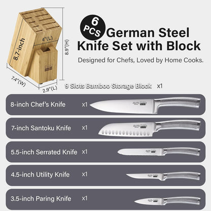 Cooks Standard Kitchen Knife Set with Block 6-Piece, Stainless Steel Forge High Carbon German Blade with Expandable Bamboo Storage Block for Extra Slots, Silver