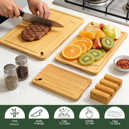 Cutting Boards for Kitchen, Bamboo Cutting Board Set of 3 with Storage Stand, Deep Carbonized Chopping Boards with Deep Juice Grooves and Side Handles for Meat, Vegetables, Fruit and Meal Prep