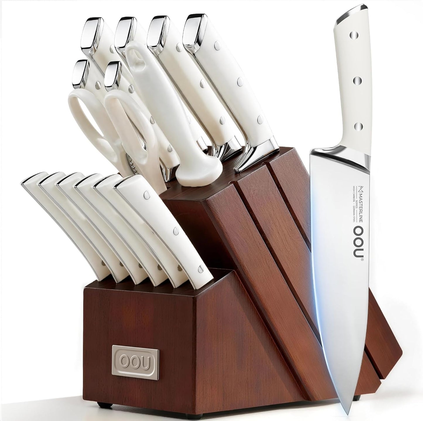 OOU 2025 Kitchen Knife Set with Block, 15-Piece German Stainless Steel Knife Blcok Set with Sharpening Rod, Ergonomic Wood Handle,Premium Razor-Sharp Knives Set for Kitchen