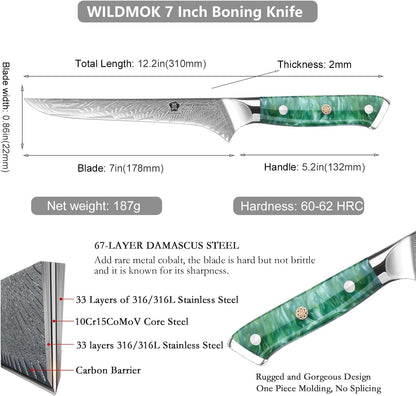 WILDMOK Damascus Boning Knife, 7 inch Super Sharp Fillet Knife, Japanese Damascus Steel, Full Tang Resin Handle, Includes Gift Box