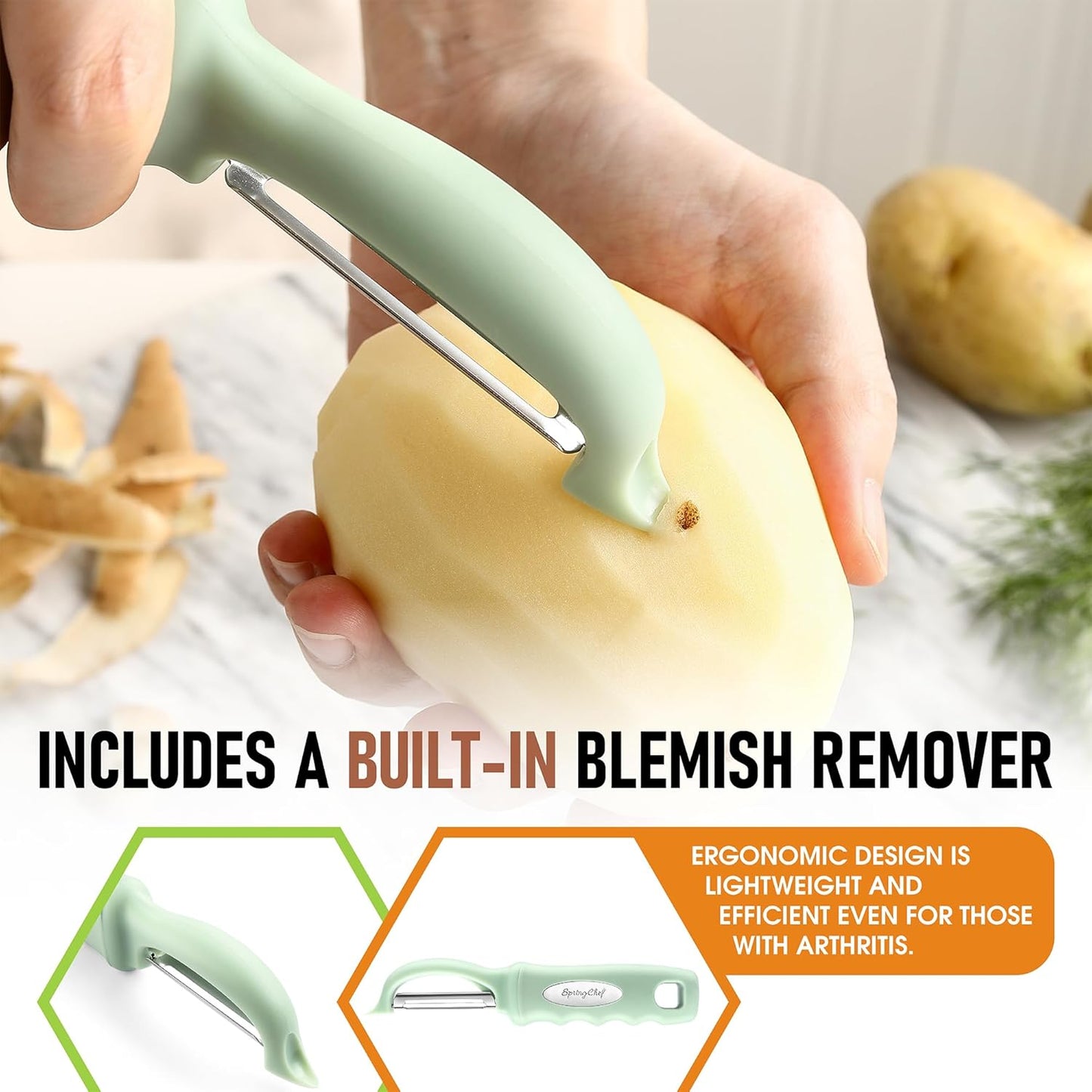 Spring Chef Premium Swivel Vegetable Peeler, Soft Grip Handle and Ultra Sharp Stainless Steel Blades - Perfect Kitchen Peeler For Veggie, Fruit, Potato, Carrot, Apple - Black