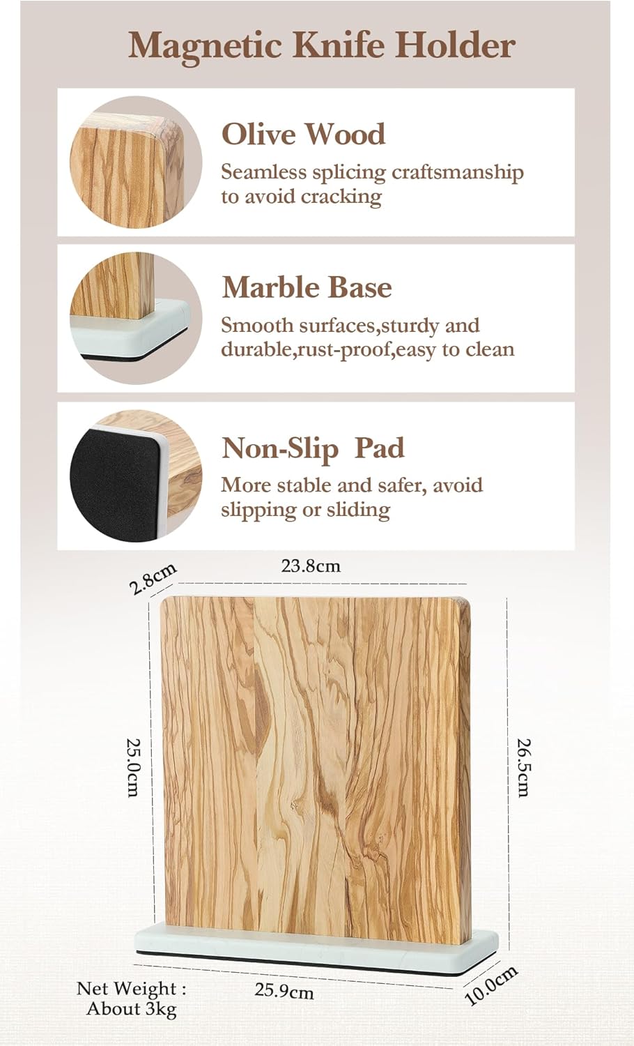 Strong Double Sided Magnetic Knife Block Without Knives, with Acacia Wood+430 Stainless Steel Base，Magnetic Universal Stands with Strong Enhanced Magnets Strip Kitchen Storage Cutlery Large Organizer