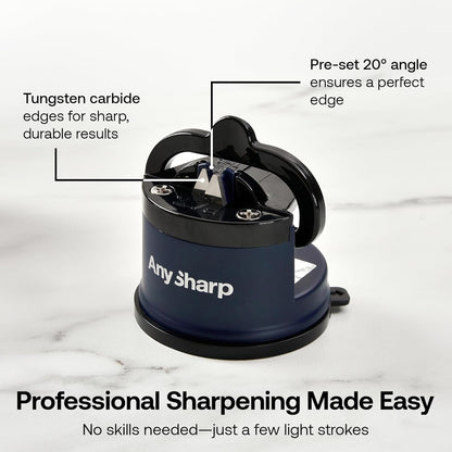 AnySharp – Global – Hands Free Knife Sharpener - Easy to Use Sharpening Tool with PowerGrip Suction Base and 20-Degree Pre-Set Angle - for All Knives: Chef's, Serrated, and Hardened Steel - Red