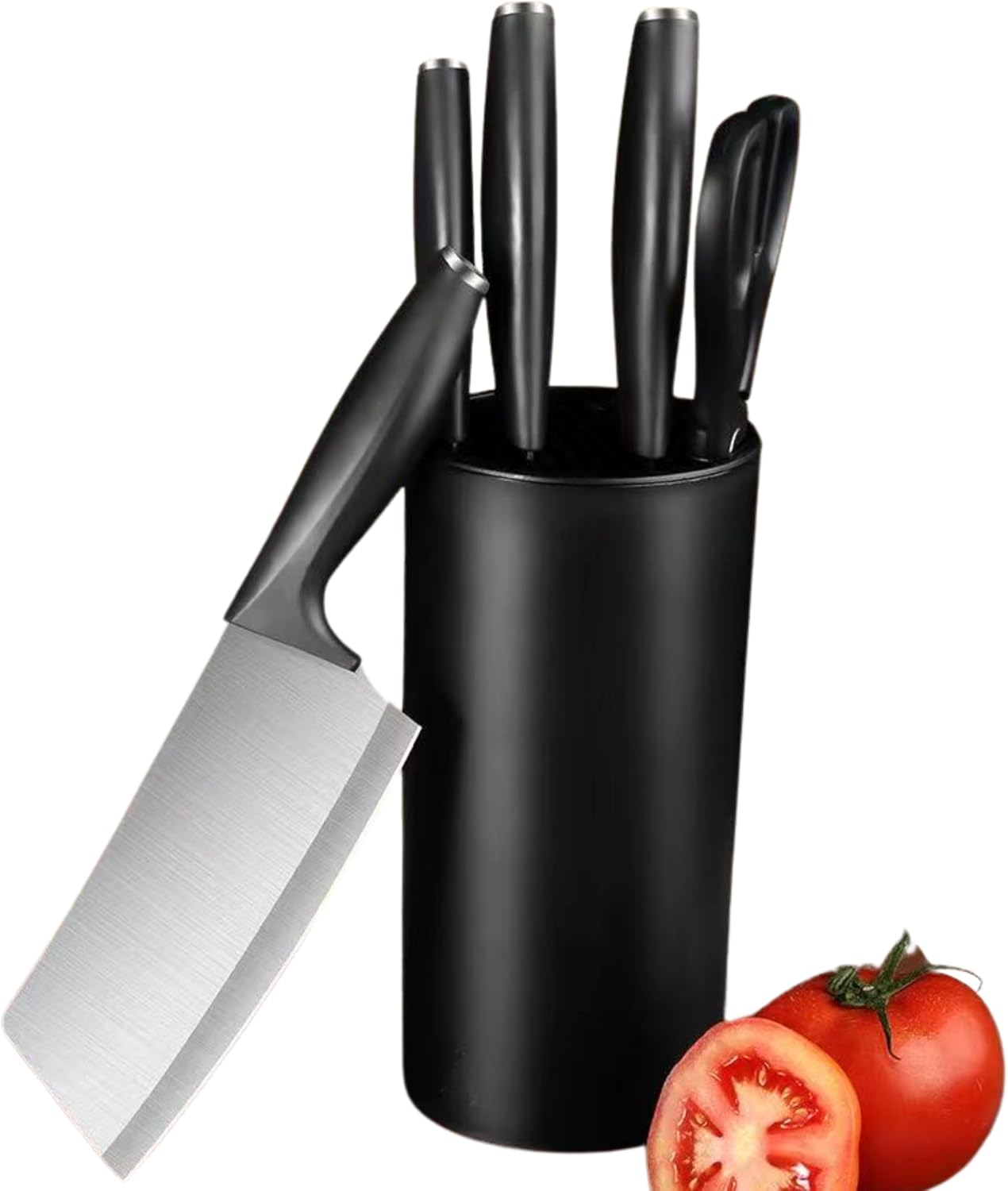 Small Knife Block Set, Modern Kitchen Knife Scissors with Universal Round Holder, Home Apartment New Kitchen Essentials, Space Saving, Dishwasher Safe(Black, 7PCS)