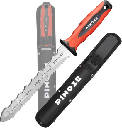 PINOZE 8" Insulation Knife, Stainless Steel Blade Insulation Cutter w/Laser Scale, Dual-Side Serrated Duct Knife Tool with Sheath for Cutting Heat Material Foam/Rockwool/Styrofoam, Garden Sod Cutter