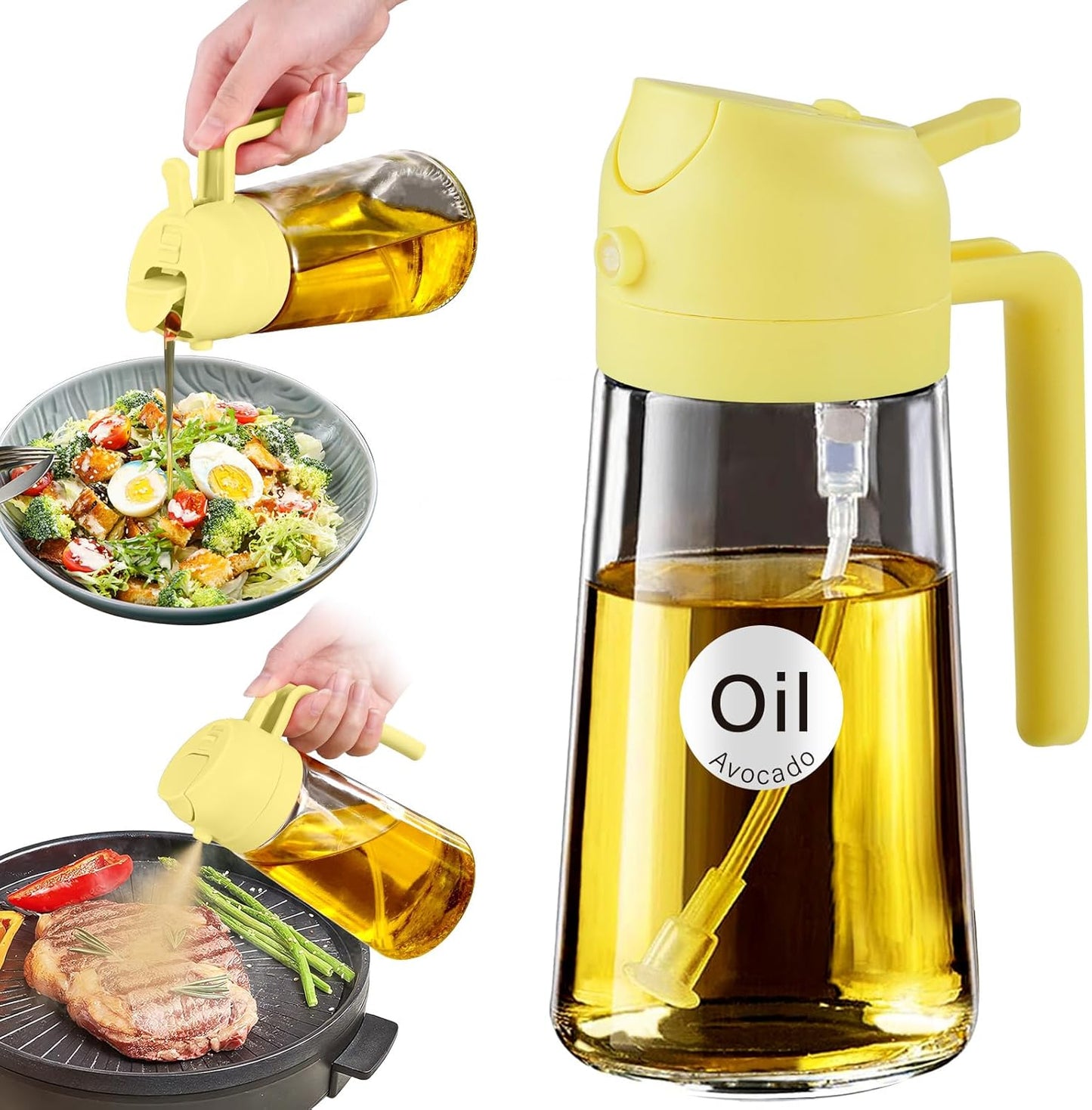 YARRAMATE 16oz/470ml Glass Olive Oil Sprayer for Cooking with Stickers, 2 in 1 Oil Dispenser for Kitchen Gadgets, Food Grade Premium Spray Bottle for Salad, Frying, BBQ (Creamy White)