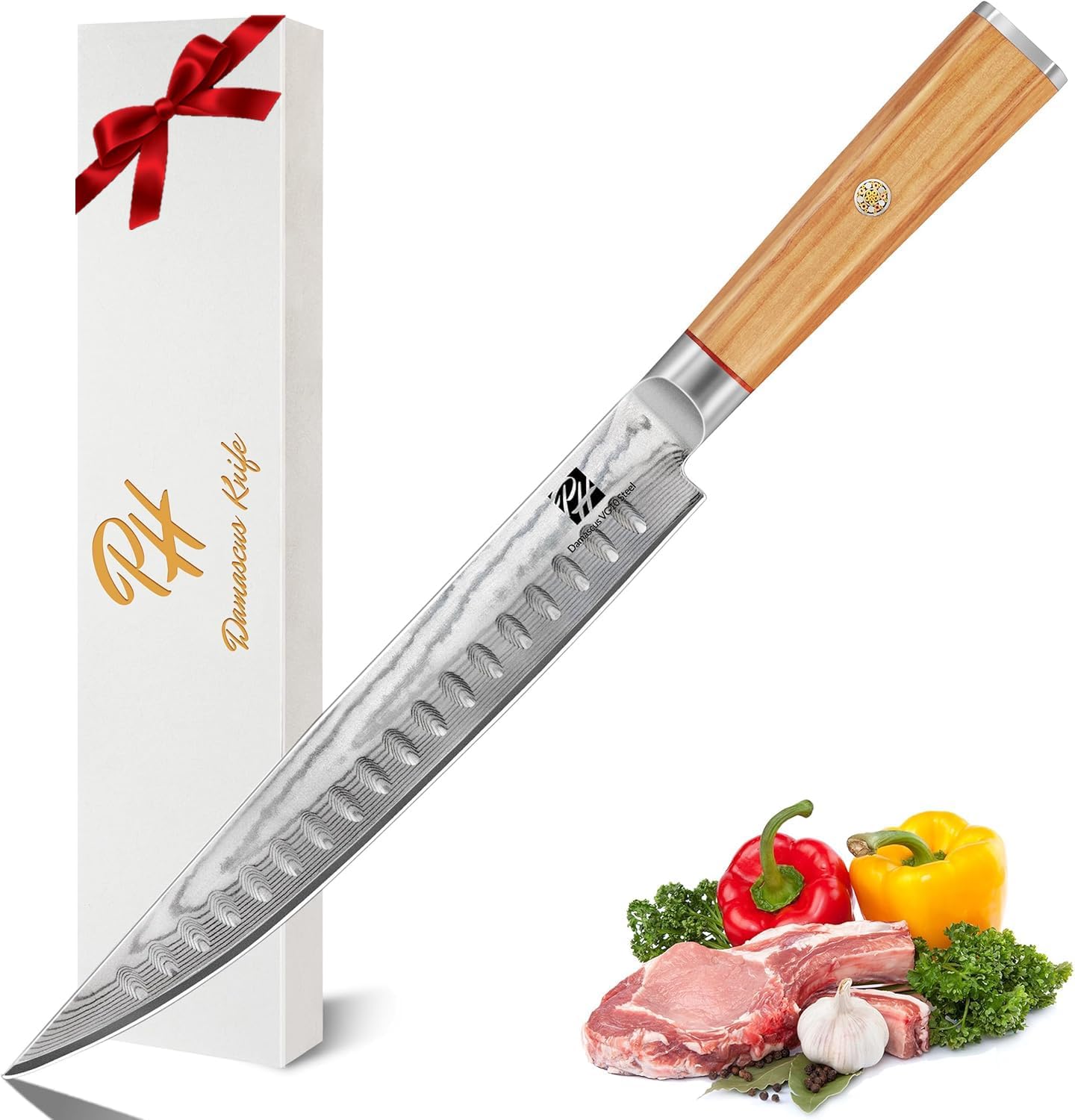 9 Inch Damascus Carving Knife - Brisket Knife 67 Layer VG-10 Steel Core with Olive Wood Handle, 62 HRC Precision Sharp Professional Kitchen Knife for Meat Slicing and BBQ, Gift Box Included
