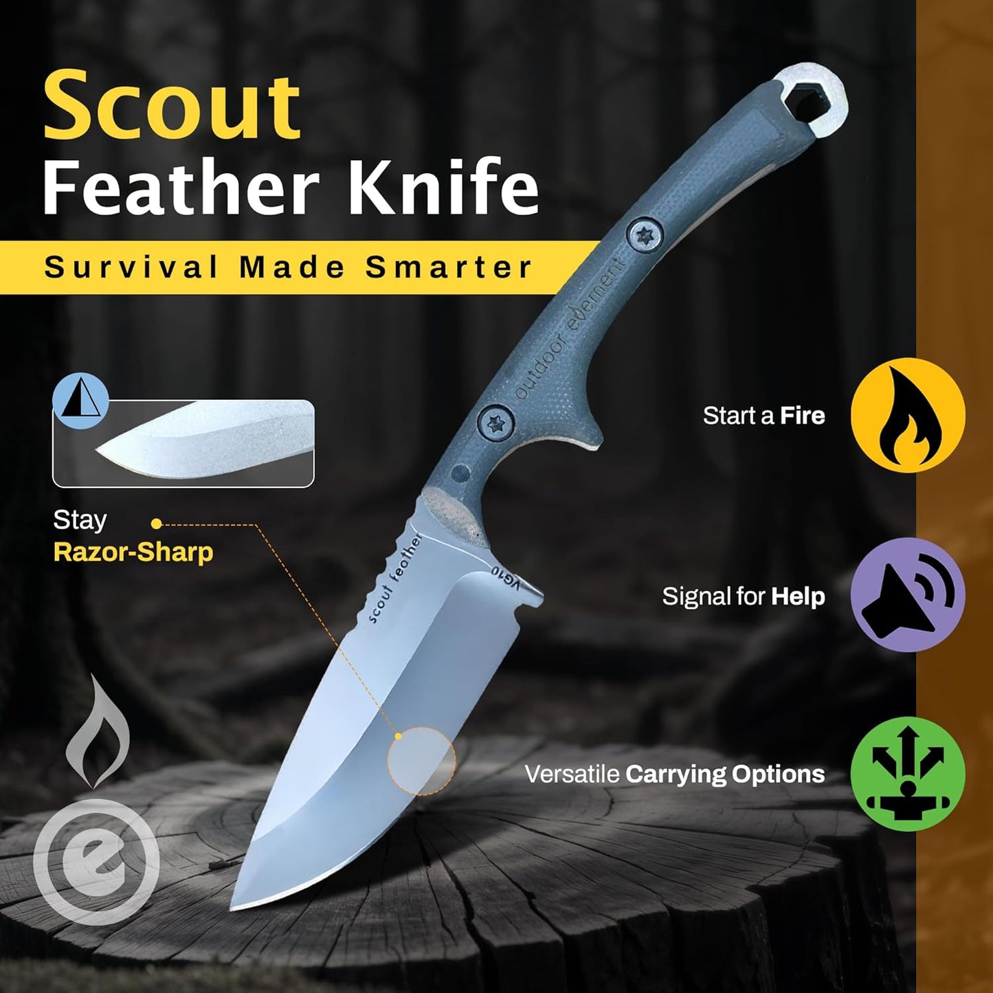 Scout Feather Glow - Fixed Blade Survival Knife with built-in Firestarter for Camping, Hunting, Outdoor Adventure and Culinary Need - VG10 Blade, Whistle, Knife Sharpener, Compact Sheath & G10 Handle