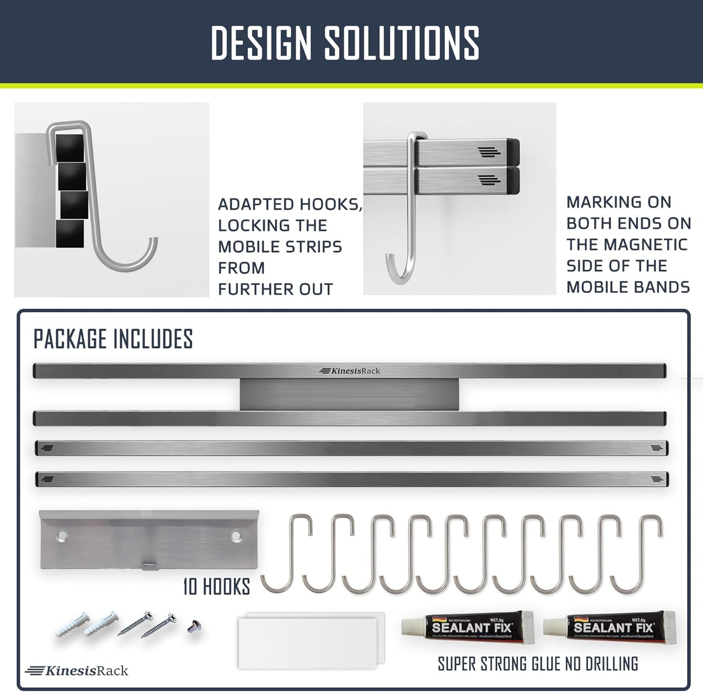Magnetic Knife Holder for Wall 16 inch Extends up to 30 inches 4 Strip Neodymium Magnetic Rack with 10 Hooks for Kitchen Utensils Organize. No Drill. Tools Holder