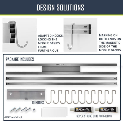 Magnetic Knife Holder for Wall 16 inch Extends up to 30 inches 4 Strip Neodymium Magnetic Rack with 10 Hooks for Kitchen Utensils Organize. No Drill. Tools Holder