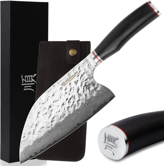 YOUSUNLONG Hybrid Cleaver 8 inch Meat Cleaver Outdoor Serbian Chef Knife-Japanese Damascus Steel - Natural Leadwood Handle with Leather