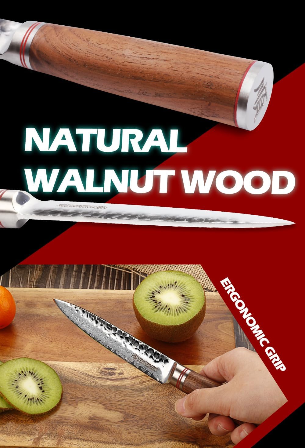 YOUSUNLONG Utility Knife Kitchen 5 Inch Petty Knife - Japanese Hammered Damascus Steel - Razor Sharp Blade - Natural Walnut Wooden Handle