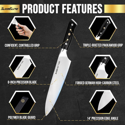 SliceElite Slice Series 8 Inch Carving Knife High Carbon German Stainless Steel Pakkawood Handle Brisket Slicer Chopper BBQ Chef Sharp Fruit Vegetable Butcher Kitchen Cutting Meat Tool Gift Precision