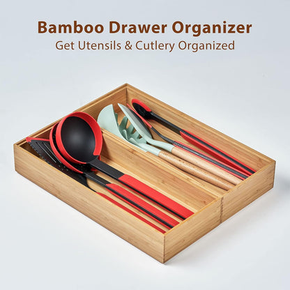 Umilife Bamboo Kitchen Utensils Organizer, Extra Long High Silverware Drawer Holder, Flatware Cutlery Storage Box, Multi-Use Drawer Divider in Office, Bathroom, Pantry - 17"x6"x2.5" (Set of 2)