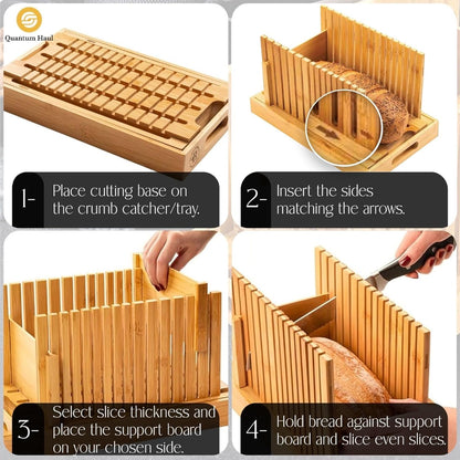 Bamboo Bread Slicer with High-Grade Stainless Steel Knife – Adjustable Wooden Bread Cutter Guide with Crumb Tray, Brush & Pouch | Manual Bread Slicer for Homemade Bread, Sourdough, Loaf, Cakes