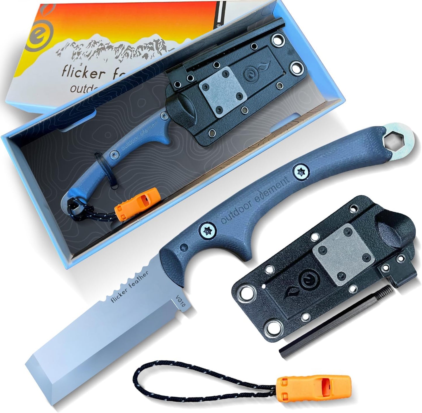 Scout Feather Glow - Fixed Blade Survival Knife with built-in Firestarter for Camping, Hunting, Outdoor Adventure and Culinary Need - VG10 Blade, Whistle, Knife Sharpener, Compact Sheath & G10 Handle