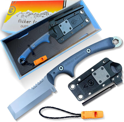 Scout Feather Glow - Fixed Blade Survival Knife with built-in Firestarter for Camping, Hunting, Outdoor Adventure and Culinary Need - VG10 Blade, Whistle, Knife Sharpener, Compact Sheath & G10 Handle