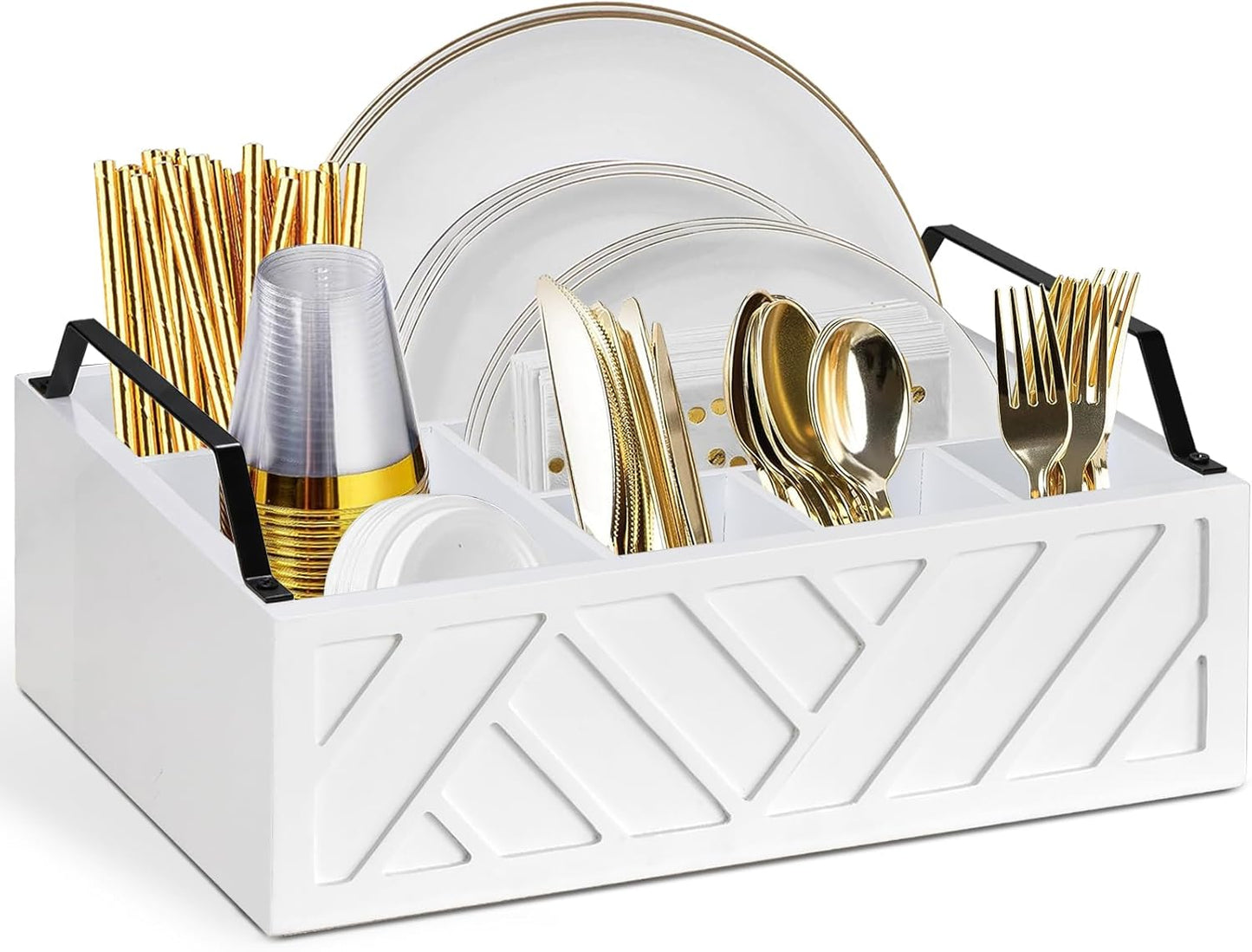Ukonvi Paper Plate Dispenser, Paper Plate Holder for Kitchen Counter, Wood Rustic Silverware Utensil Caddy, Cutlery Flatware Organizer Box for Cups Spoons Forks Plates Napkins, Kitchen Accessories