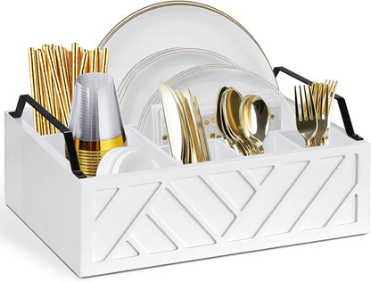 Ukonvi Paper Plate Dispenser, Paper Plate Holder for Kitchen Counter, Wood Rustic Silverware Utensil Caddy, Cutlery Flatware Organizer Box for Cups Spoons Forks Plates Napkins, Kitchen Accessories