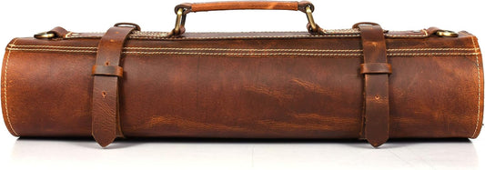 Tolredo Top Grain Buffalo Leather Chef Knife Roll Case 10 Slot and 1 Zipper Pocket for Culinary Storage Portable Bag with Detachable Shoulder Strap (Walnut, 29.5" X 20")