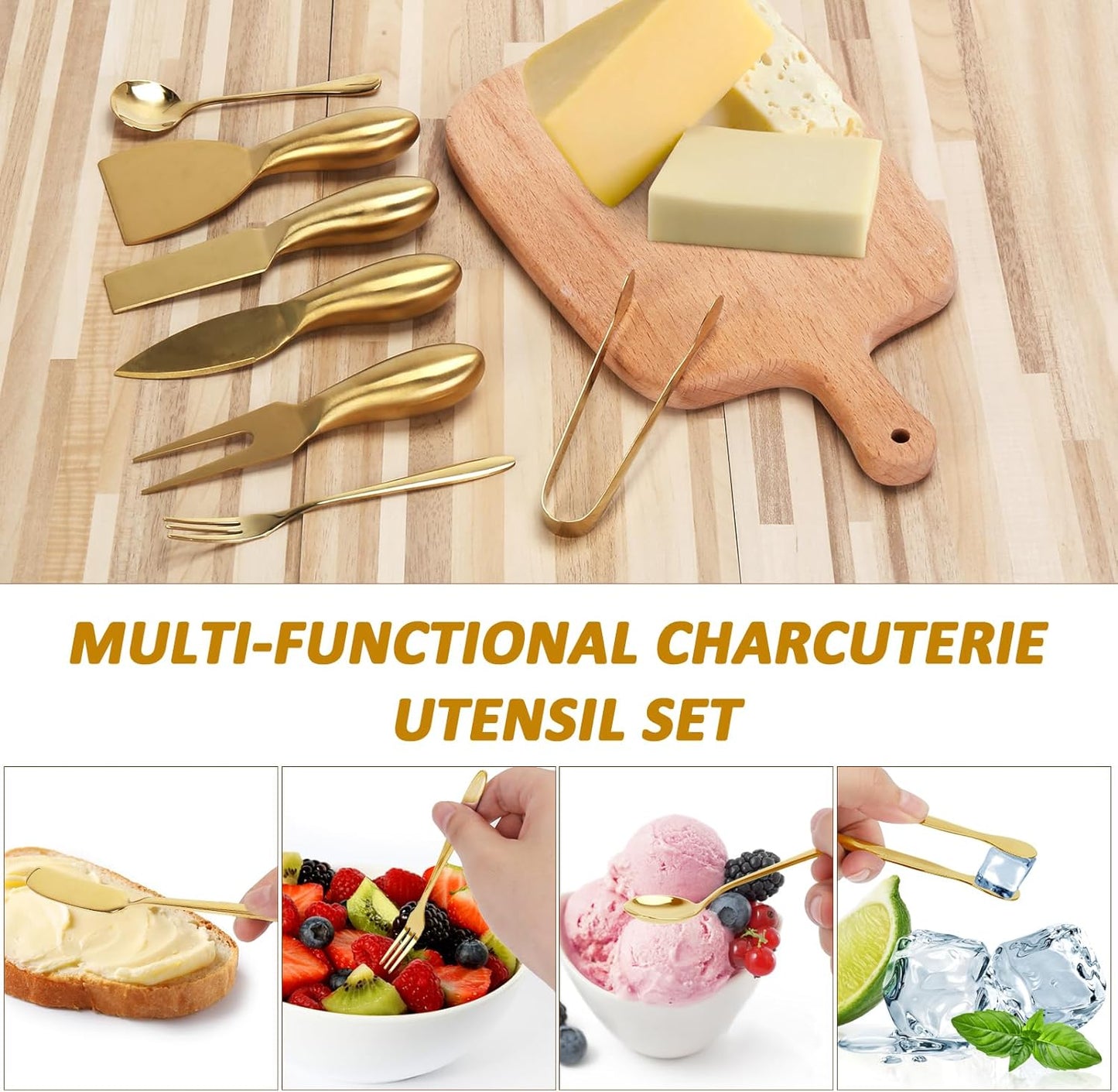 18 pieces Charcuterie Board Accessories, Gold Stainless Steel Cheese Knives, Butter Knife Spreader, Appetizer Forks, Mini Serving Tongs Spoons for Gathering Wedding Birthday...
