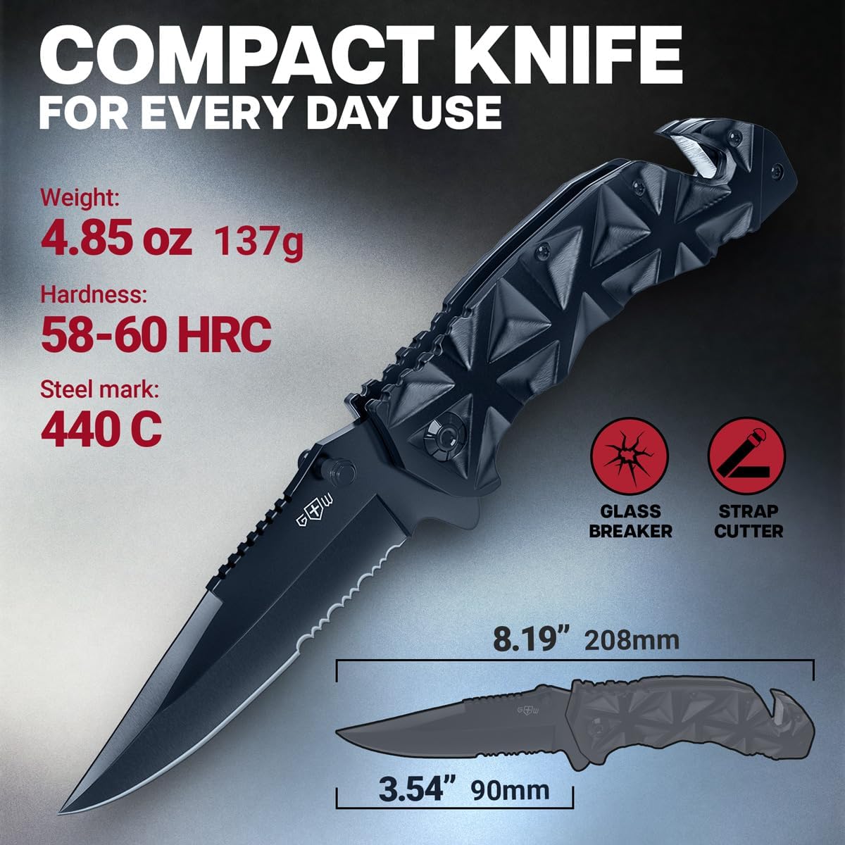 Pocket Knife for Men - Serrated Sharp 3.5" Folding Blade - Multifunction Tool with Wire Cutter Glass Breaker - Perfect Knives for Outdoor Cooking, Cutting Sashimi, Kitchen - Anniversary, Birthday Gifts Idea HB 207